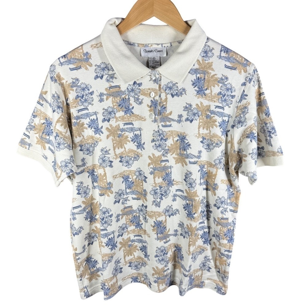 Bonnie Evans Polo Shirt Mens Size M White Tropical Palm Tree Floral Short Sleeve